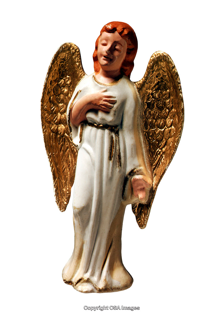 Golden Winged Angel Figurine with Peaceful Expression on White Background