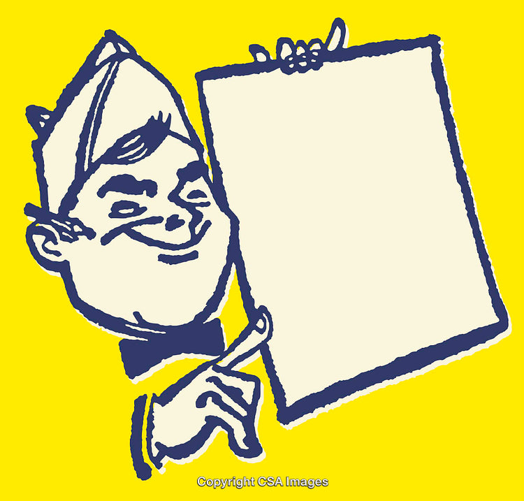 Retro Cartoon Waiter Holding Blank Menu on Yellow Background