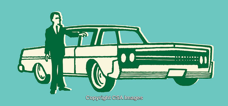 Vintage Style Line Art Illustration of Man with Classic Car