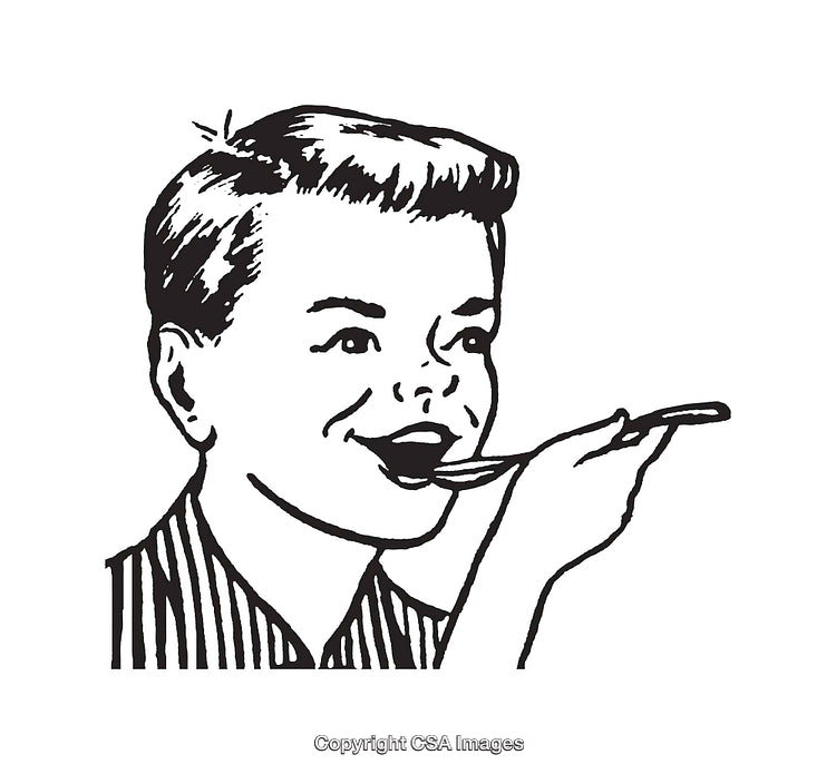Retro Illustration of a Happy Boy Eating With a Spoon