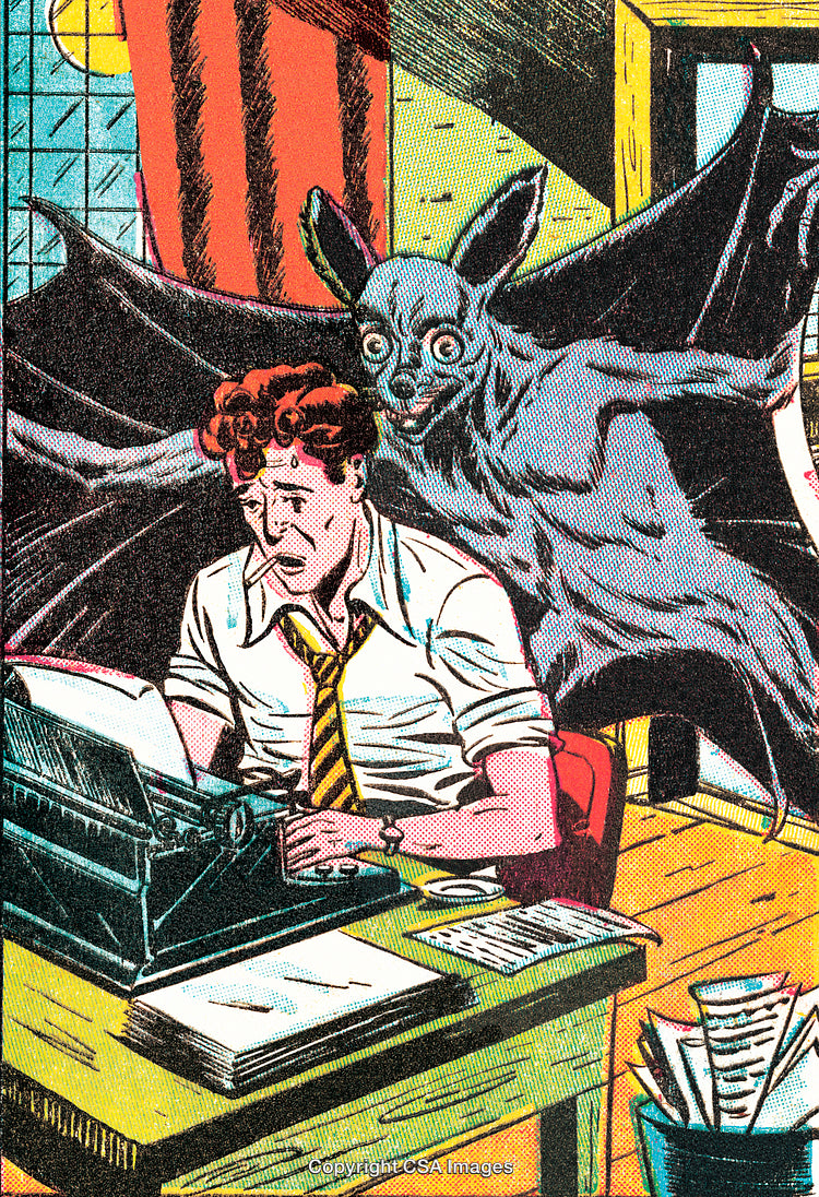 Retro Comic Style Illustration of a Man and a Surreal Bat Creature