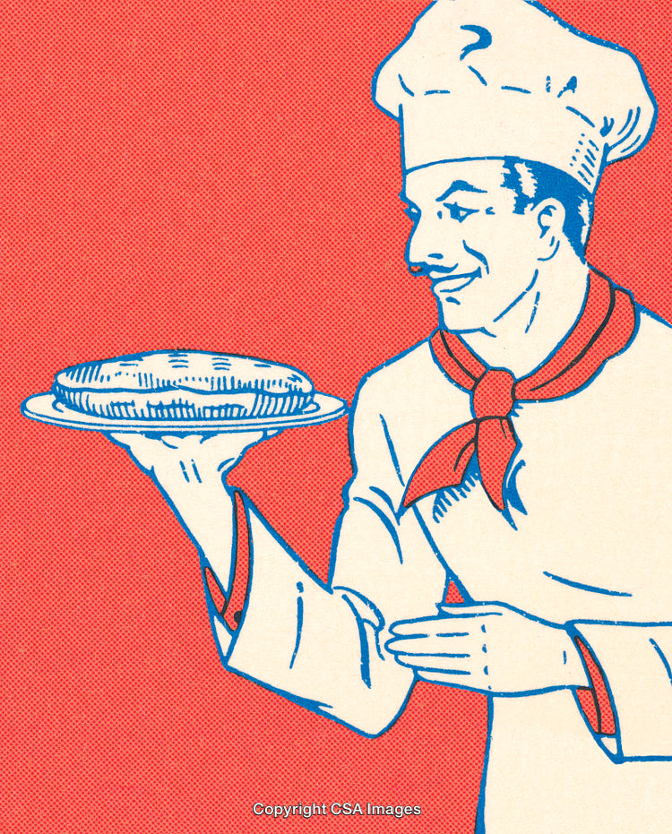 Chef Serving a Freshly Baked Pie on a Vibrant Red Background