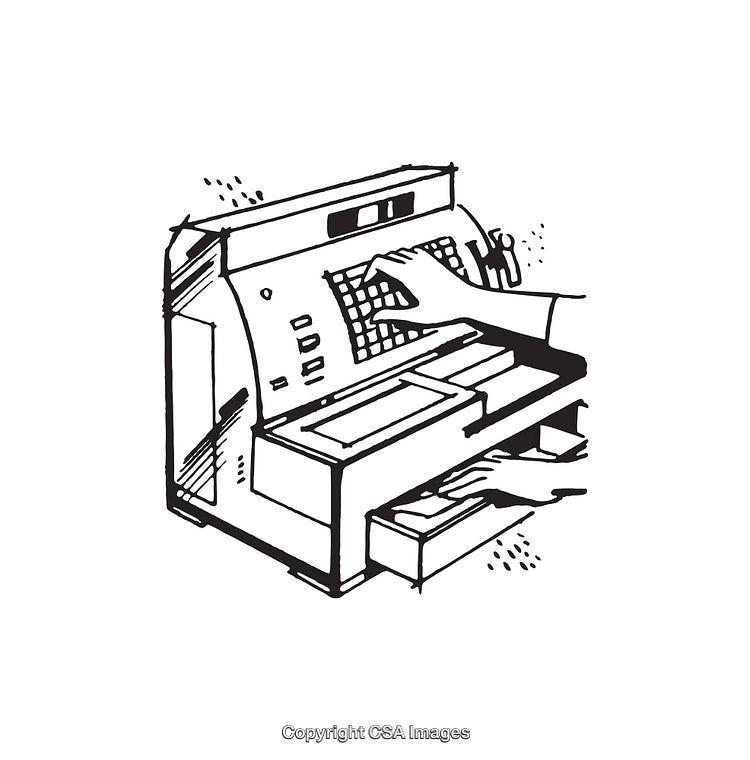 Vintage Line Art Illustration of Hands Operating a Cash Register