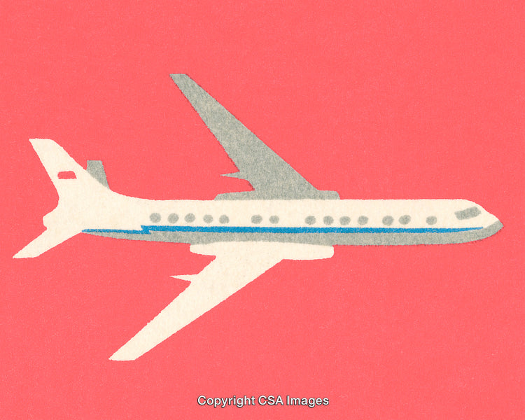 Illustration of a Passenger Jet Airplane Against Bright Coral Background
