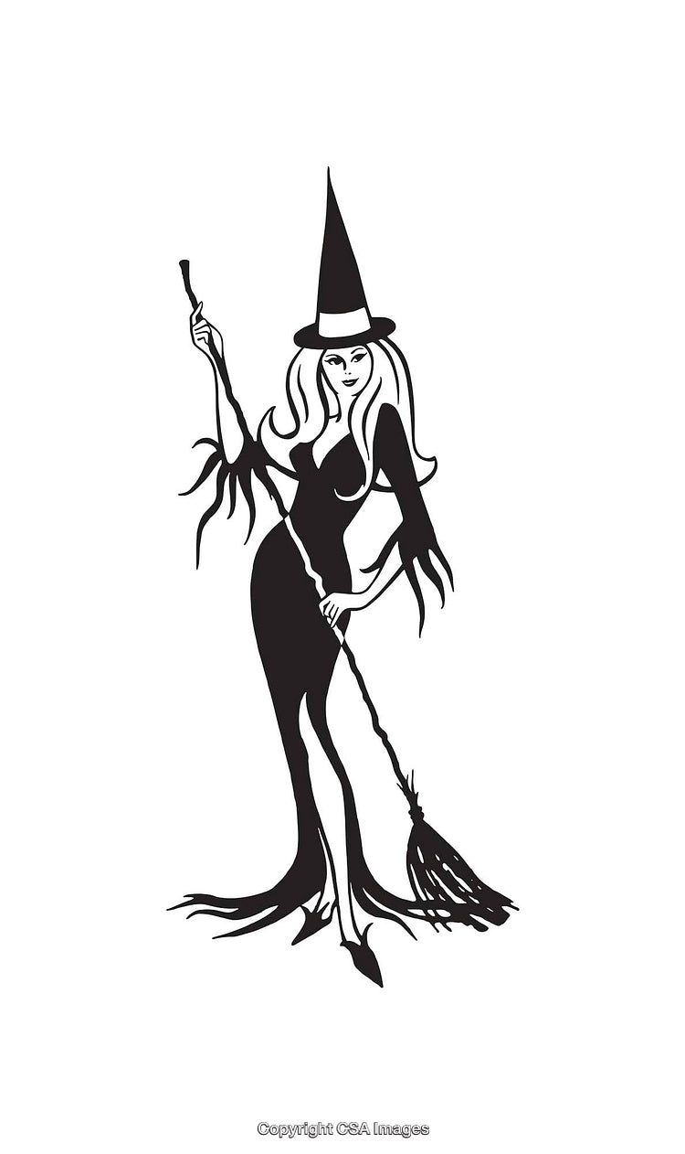 Stylish Witch Line Art Illustration Holding a Broomstick in Minimalist Style