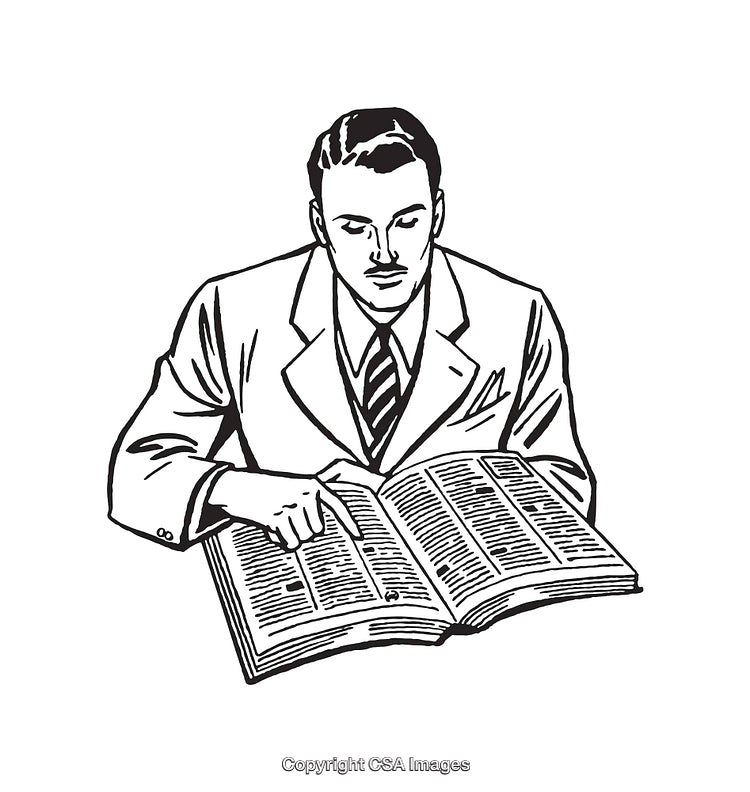 Vintage Black and White Illustration of a Man Reading an Open Book