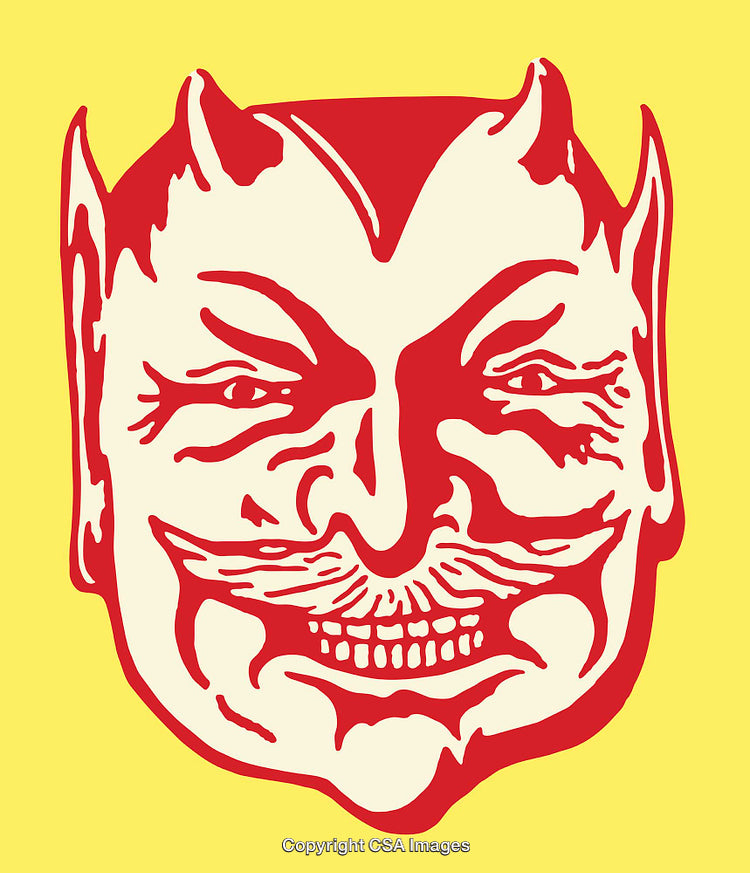 Vintage Line Art of a Smiling Red Devil Face Illustration