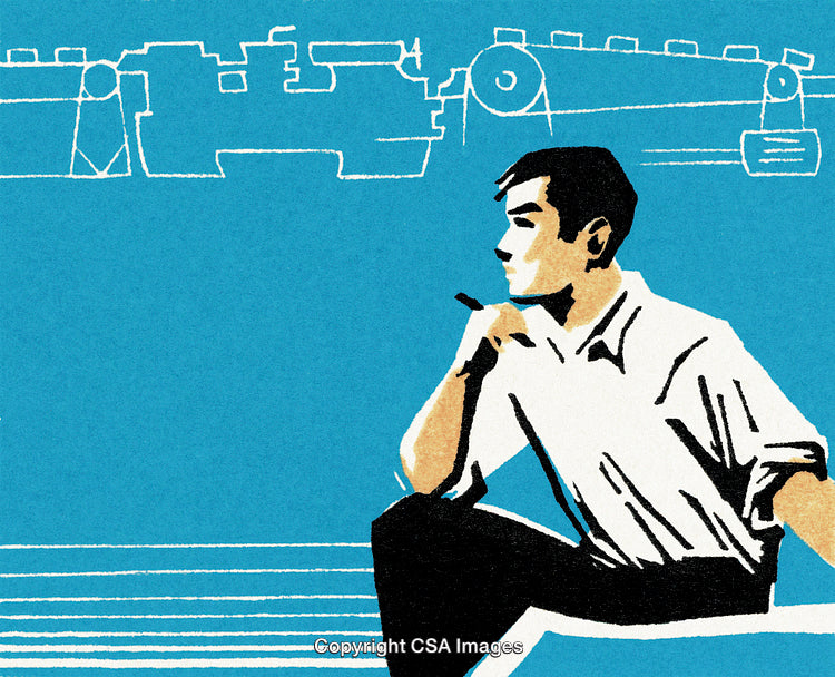 Person Thinking About Engineering Concept with Sketch on Blue Background