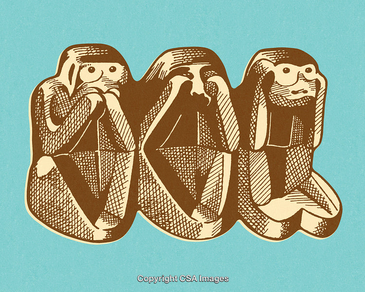 Three Wise Monkeys Depiction in Engraved Style on Solid Blue Background