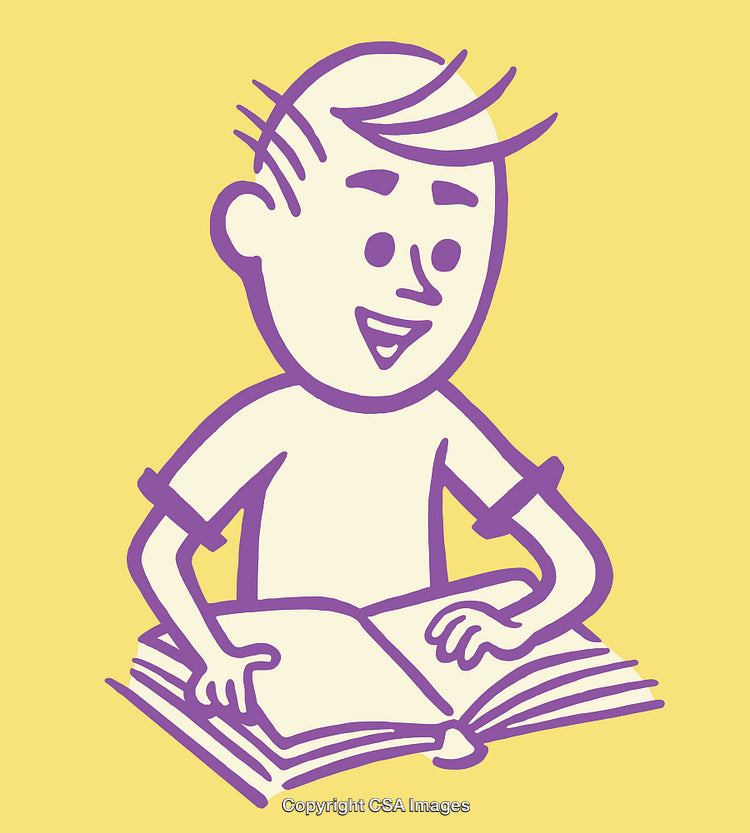 Cheerful Illustration of a Boy Reading an Open Book on Yellow