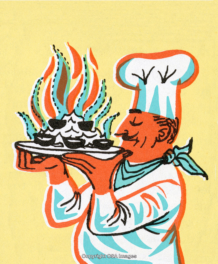 Cartoon Chef Admiring a Flaming Dessert Tray Illustration
