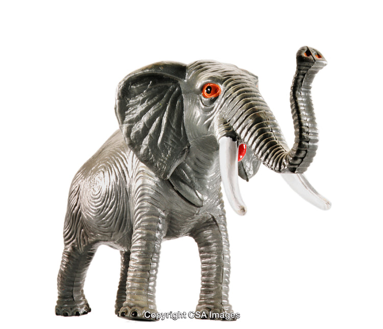 Gray Elephant Toy Figure with Raised Trunk Isolated on White Background