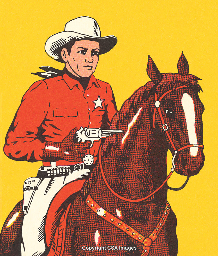 Retro Cowboy Illustration with Horse and Revolver in a Comic Style