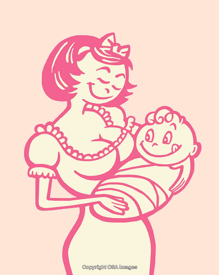Illustrated Mother Cuddling Baby in Retro Pastel Art