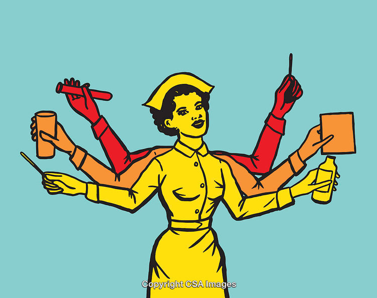 Colorful Illustration of a Multifaceted Nurse Performing Many Tasks Simultaneously