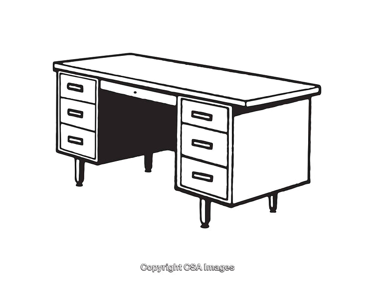 Black and White Line Art Illustration of a Classic Office Desk