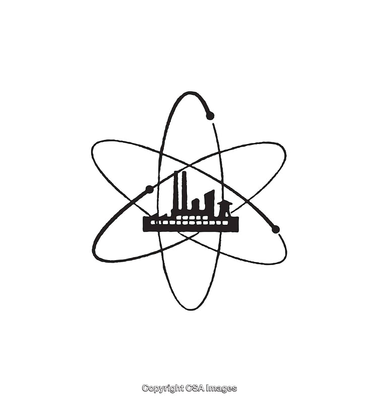 Black and White Atom Line Art Illustration with Industrial Silhouette