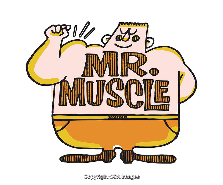 Colorful Cartoon Illustration of Mr. Muscle Flexing His Arm