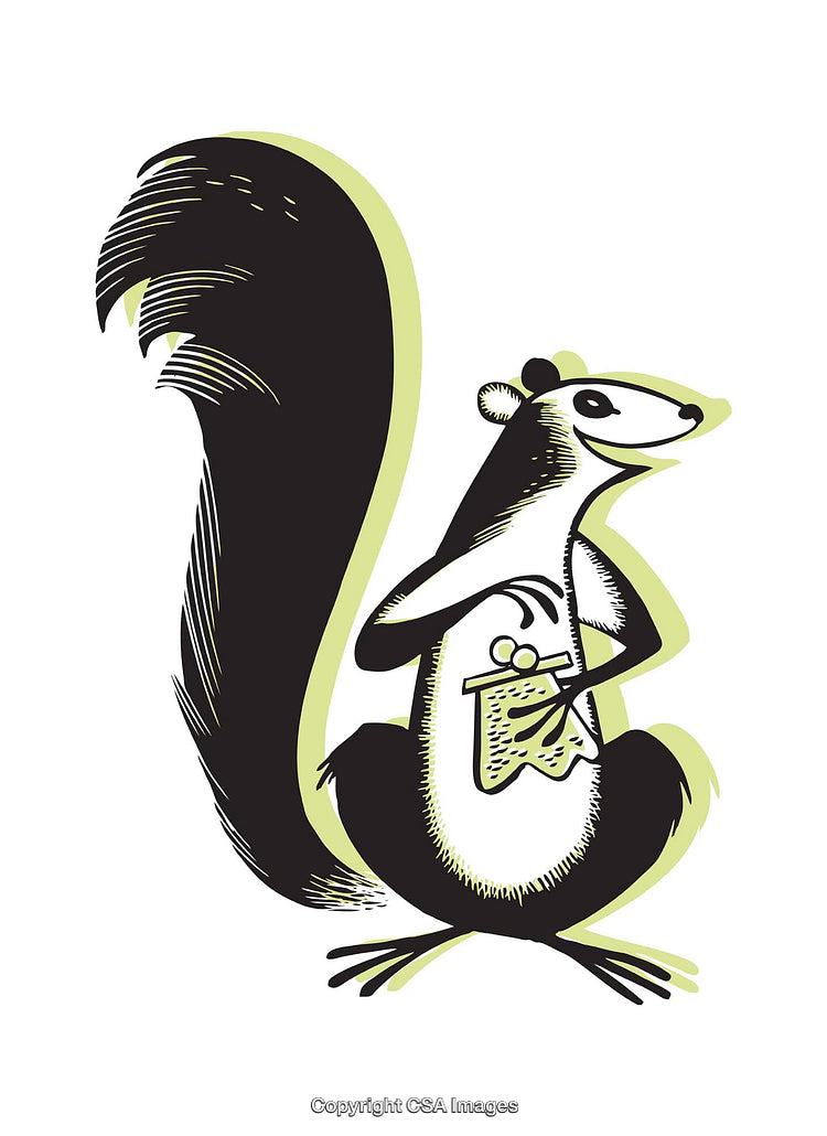 Stylized Squirrel Illustration Holding a Coin Pouch in Simplistic Colors