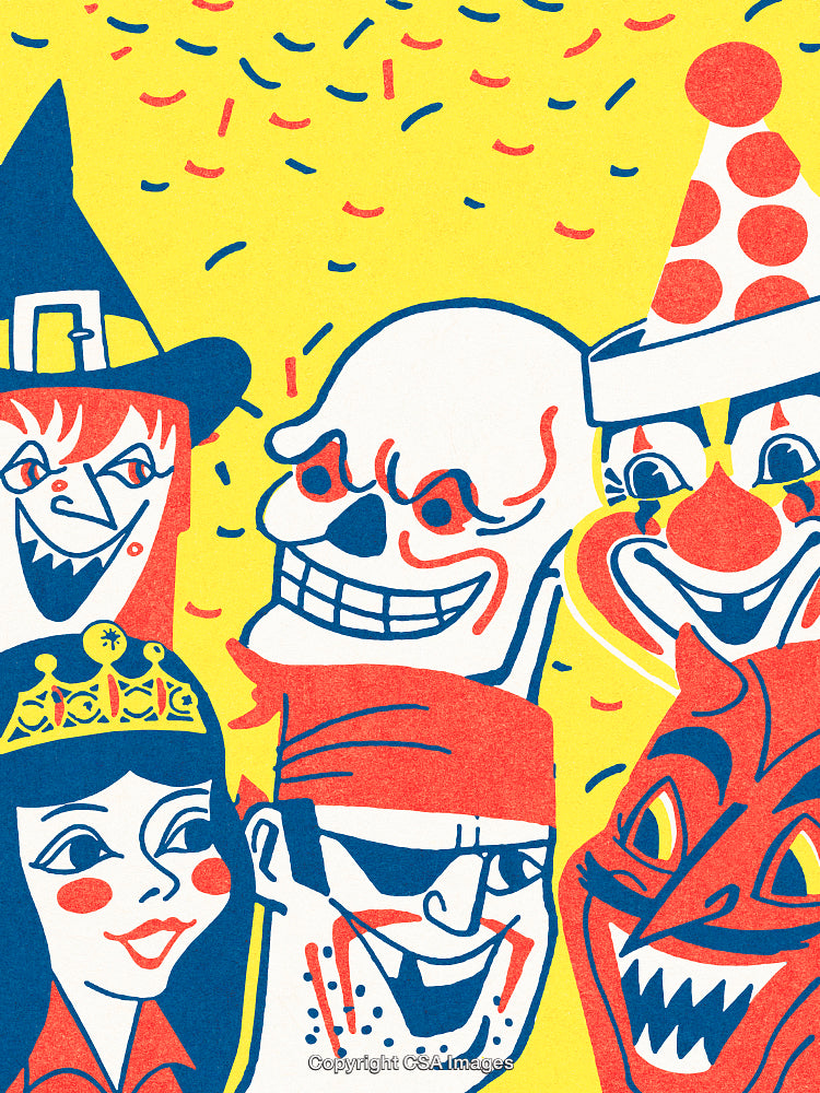 Colorful Illustration of Halloween Masks Featuring Cartoon Characters