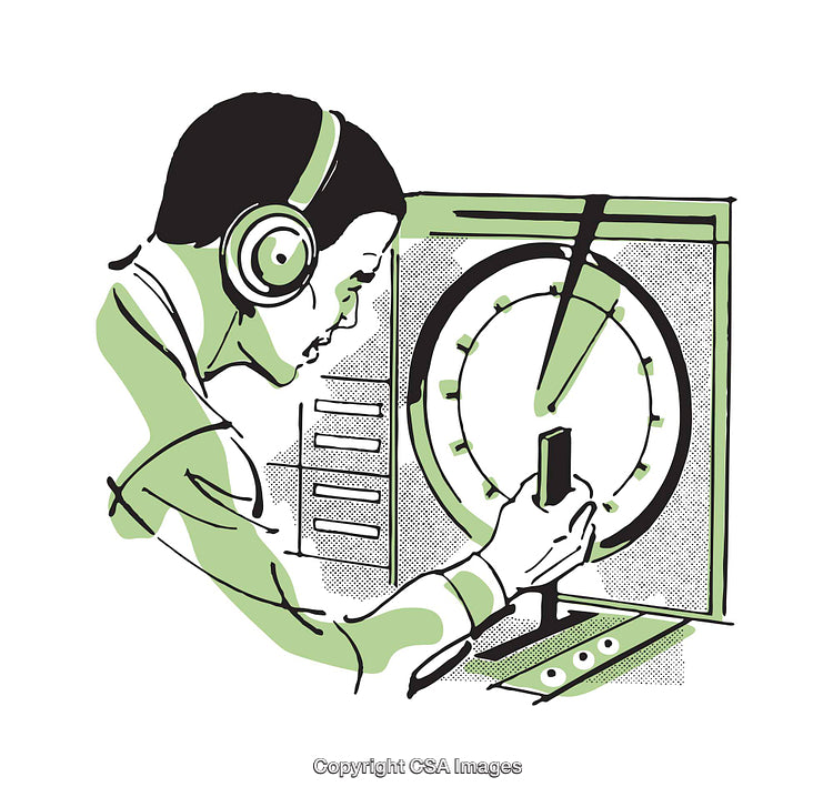 Retro Styled Illustration of Person Operating Radar Equipment
