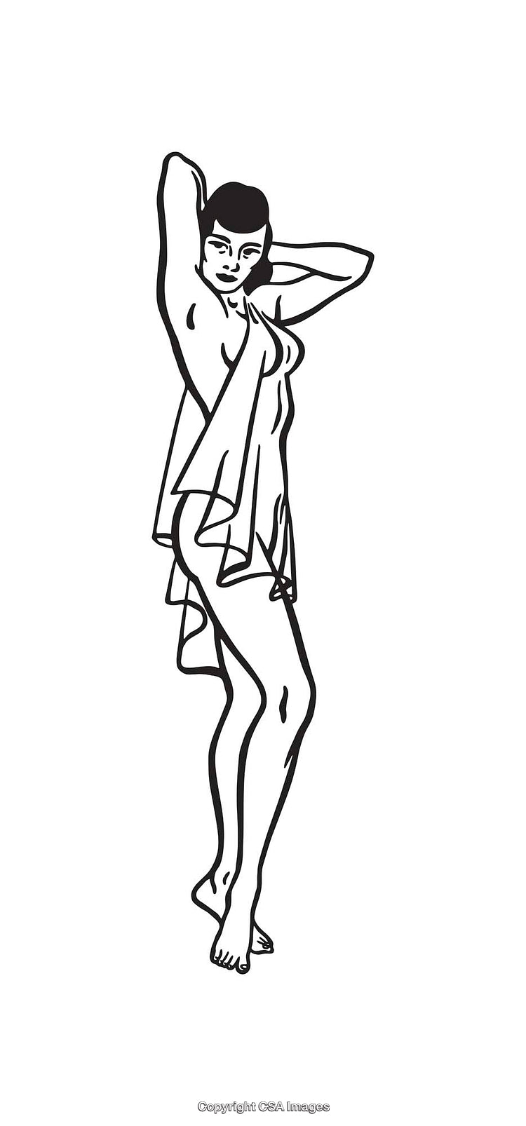 Elegant Black and White Line Art Illustration of a Standing Woman