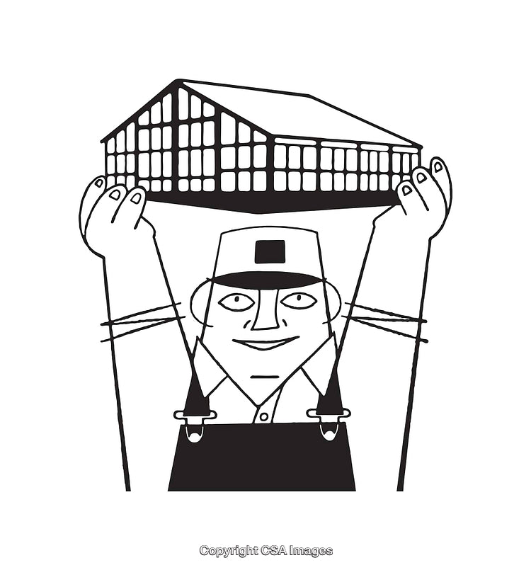 Black and White Line Art Illustration of a Worker Holding a Building