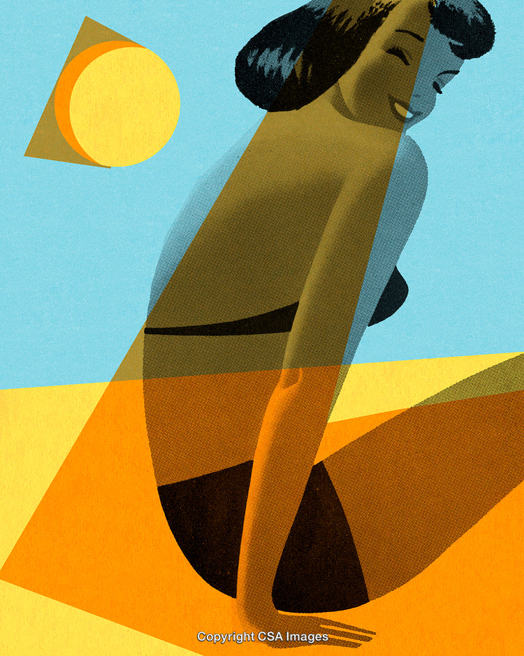 Retro Sunbathing Illustration Featuring Woman in Bikini and Geometric Elements