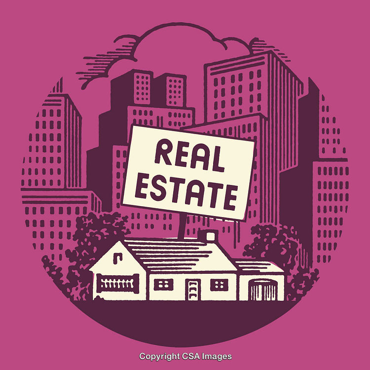 Real Estate Concept Illustration with City Skyline and Suburban Home