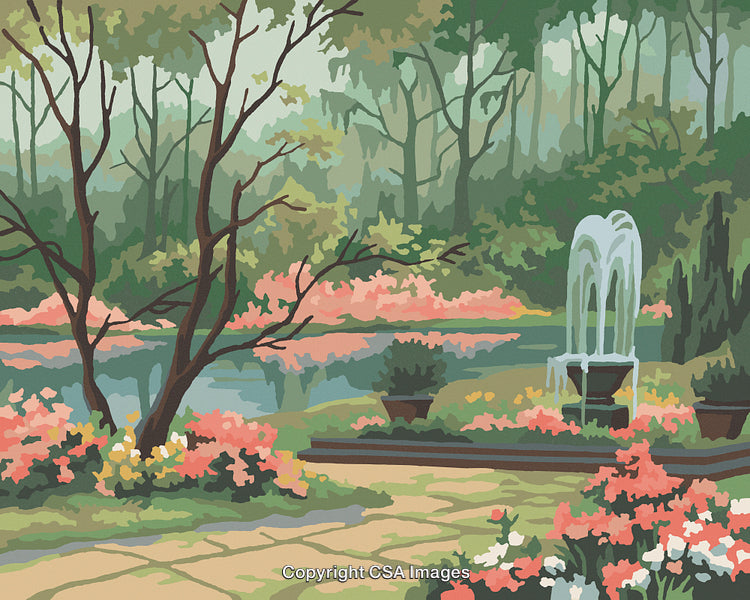 Serene Garden Scene with Blooming Flowers and a Fountain