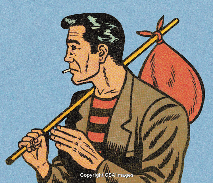 Retro Illustration of a Hiker Carrying a Knapsack on a Stick