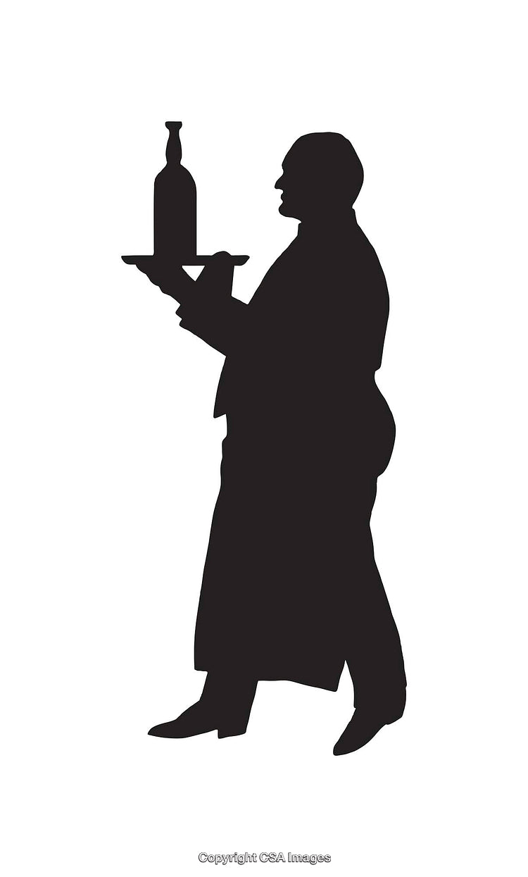 Silhouette of a Waiter Carrying a Tray with a Bottle