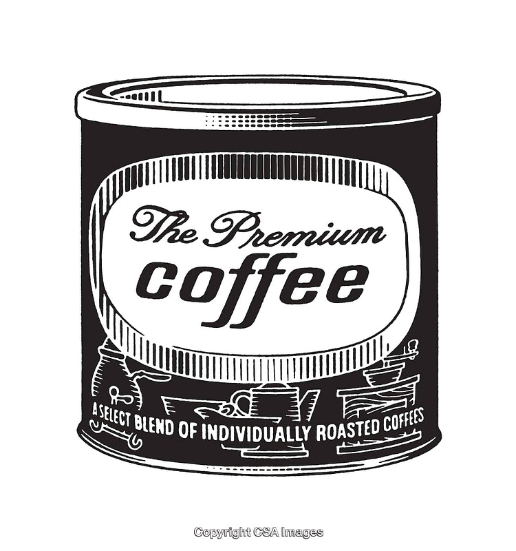 Vintage Black and White Coffee Tin Drawing with Classic Typography