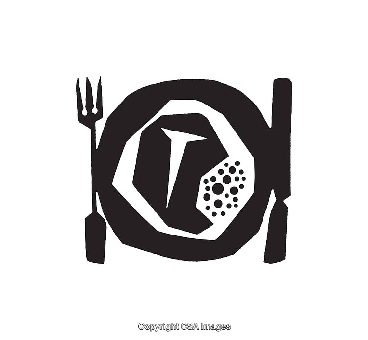 Black and White Culinary Icon Featuring Plate with Knife and Fork