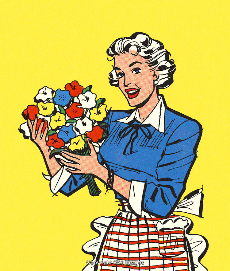 Retro Illustration of a Happy Woman Holding a Colorful Bouquet of Flowers