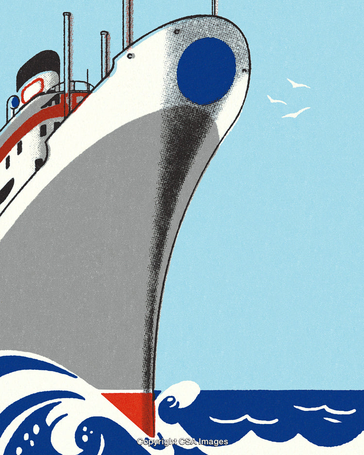 Illustration of a Cruise Ship Bow Sailing on Waves with Blue Sky