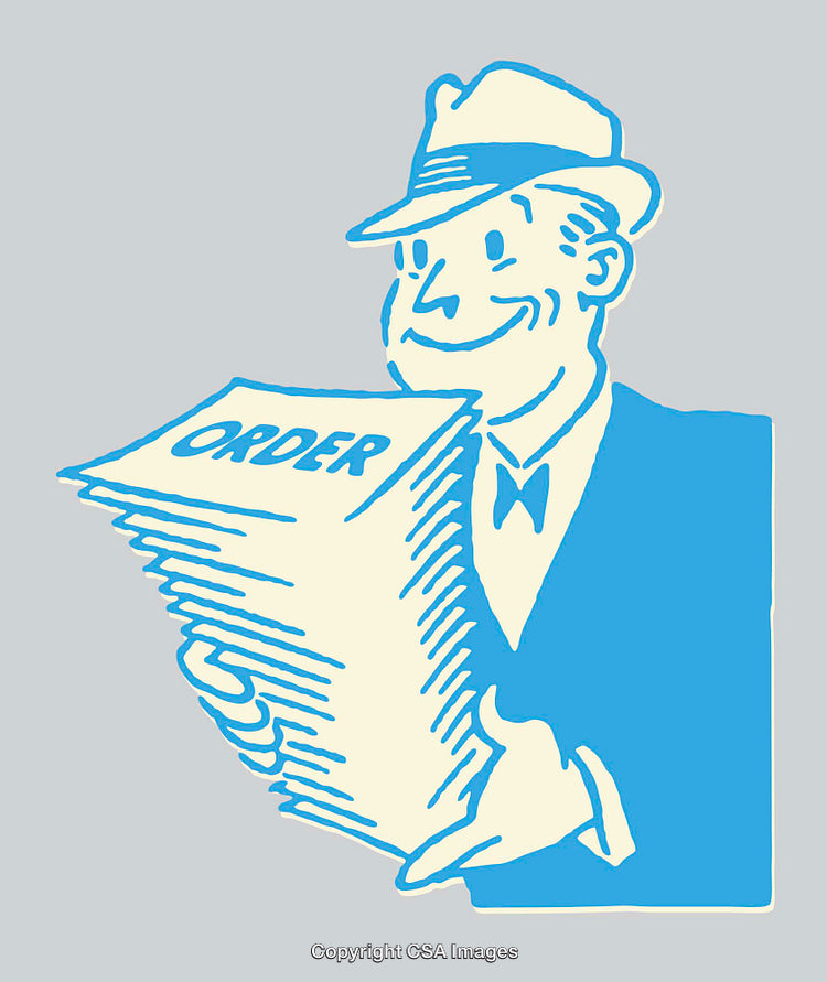 Retro Styled Illustration of a Man Holding a Stack of Orders