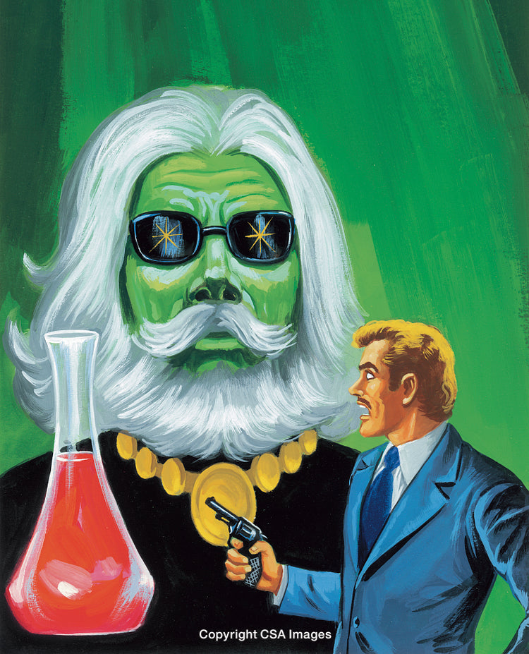Retro Illustration of a Sci-Fi Scene Featuring Mysterious Figures and Dramatic Elements