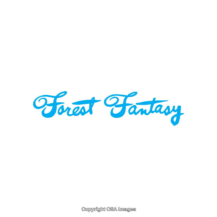 Forest Fantasy Text in Blue Cursive on White Background
