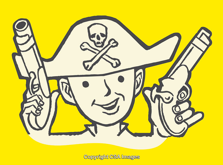 Playful Line Art of a Pirate with Crossbones Hat and Pistols