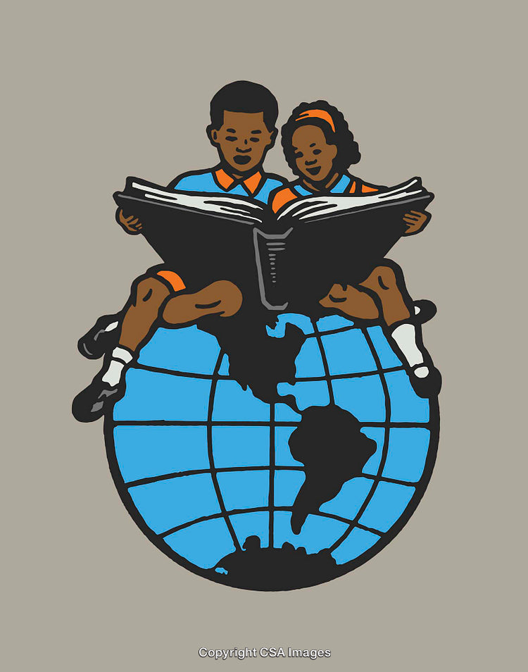 Children Reading Book Together While Sitting on a Globe Illustration