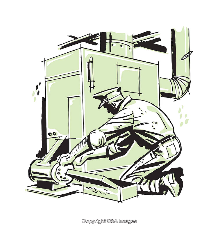 Illustrative Worker Repairing Furnace System with Ducts