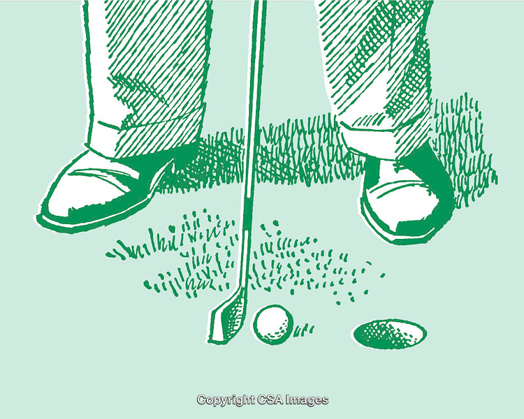 Green Line Art Illustration of a Golf Putter, Ball, and Hole