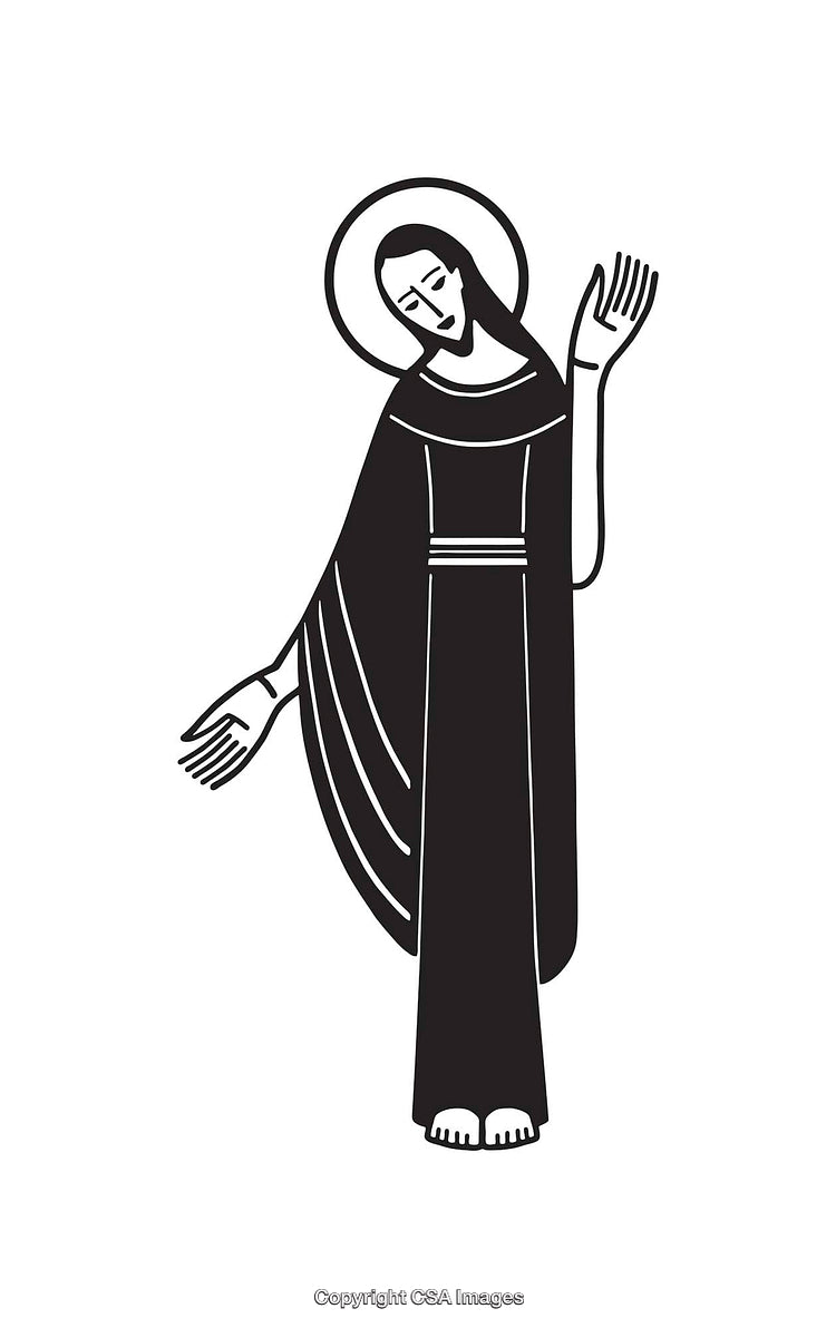 Black and White Line Art of a Religious Figure in Simple Pose