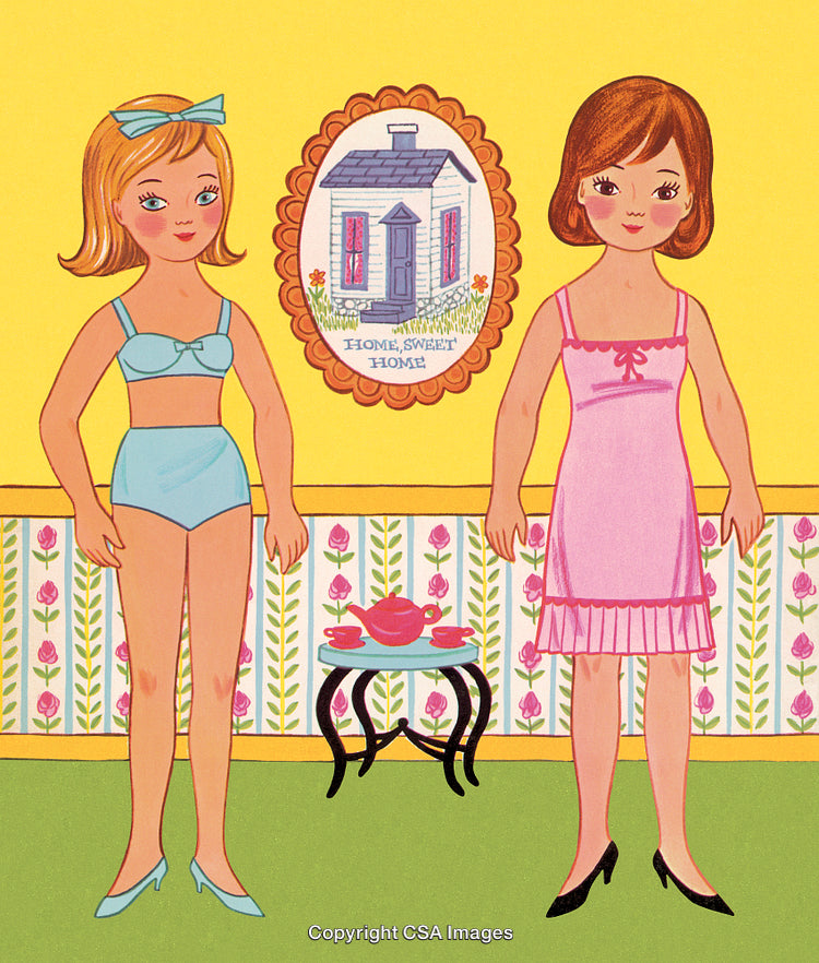 Vintage Paper Doll Illustration with Retro Room and Decor Design