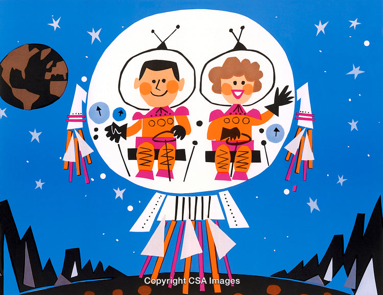 Cartoon Astronauts in a Spaceship Exploring the Universe
