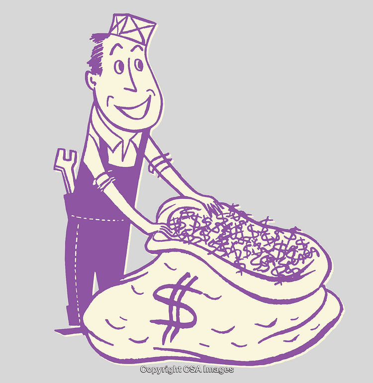 Illustration of a Worker Joyfully Securing Money in a Large Money Bag
