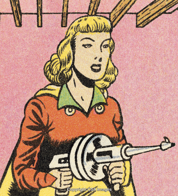 Retro Comic Style Illustration of a Woman Holding a Futuristic Ray Gun