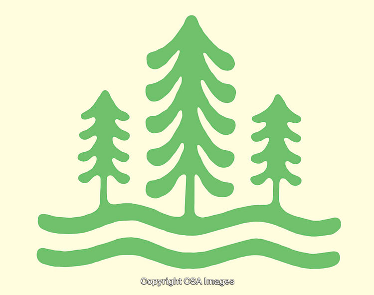 Green Tree Line Art Illustration with Minimalistic Waves on Light Background
