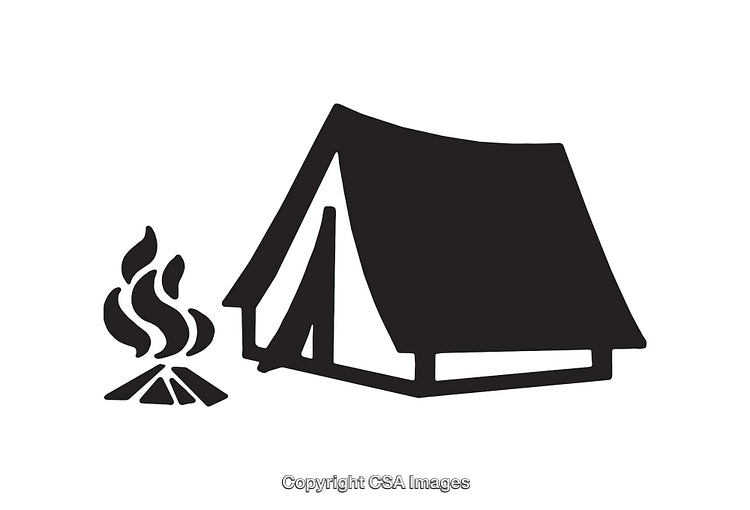 Black and White Line Art of a Tent and Campfire Illustration